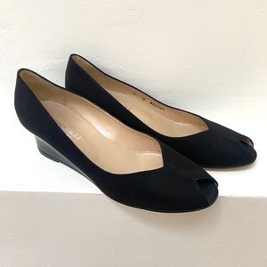 BRUNO MAGLI  Nisako Black Microfiber Peep Toe Wedge Heels Size 9 B
